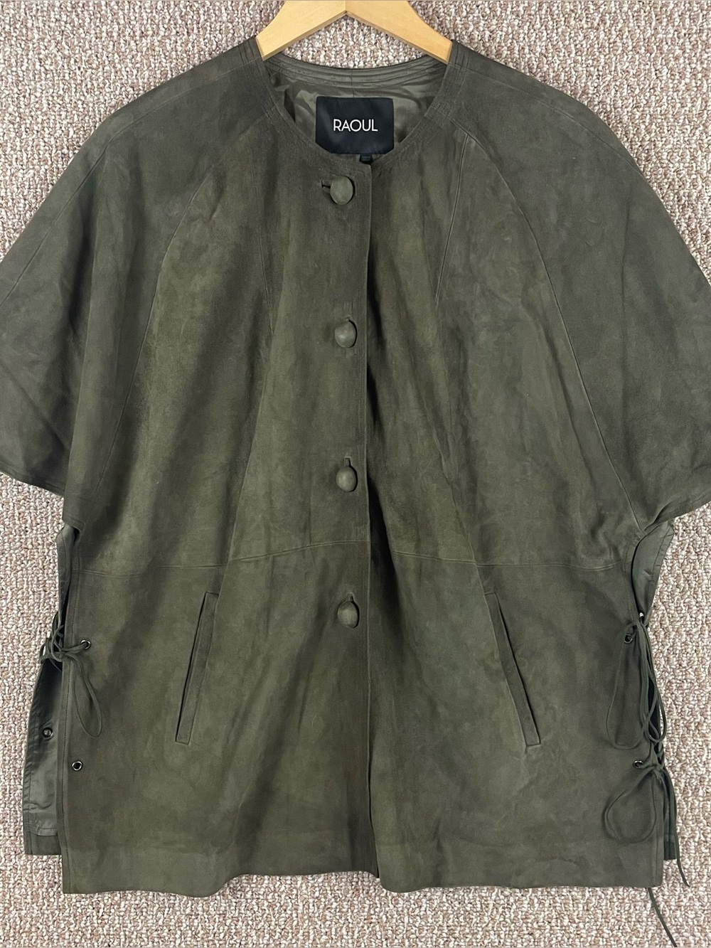 Raoul Leather Jacket Women’s Olive Green Button Boho Tie Side Minimalist R3